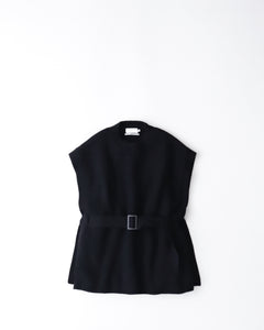 FINE WOOL RIB KNIT CREW NECK BELTED VEST（WOMEN）